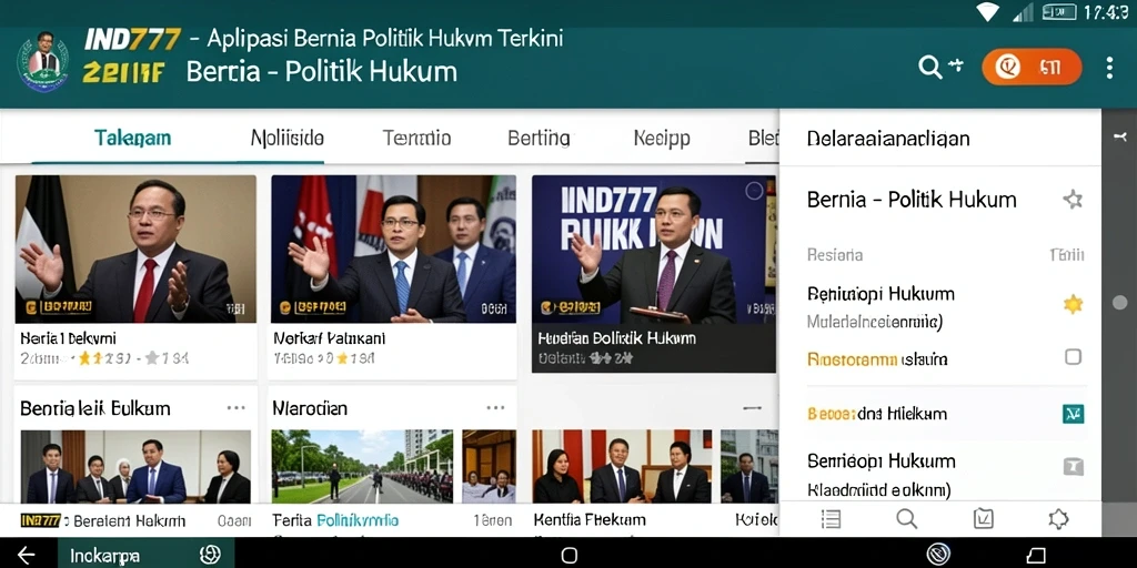 Tampilan antarmuka aplikasi IND777 dengan berita politik hukum.