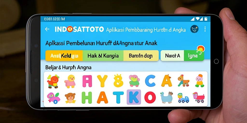 Antarmuka aplikasi INDOSATTOTO yang ramah anak untuk belajar huruf dan angka.