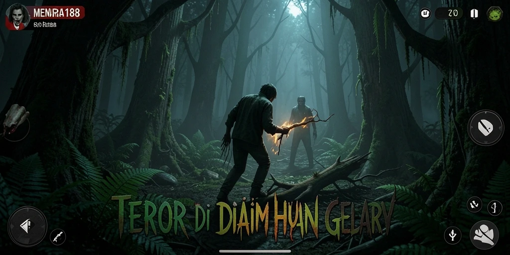 Antarmuka menakutkan yang menggambarkan suasana hutan gelap di MENARA188.