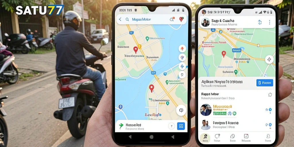 Antarmuka aplikasi SATU77 dengan fungsi Navigasi Motor yang lengkap.
