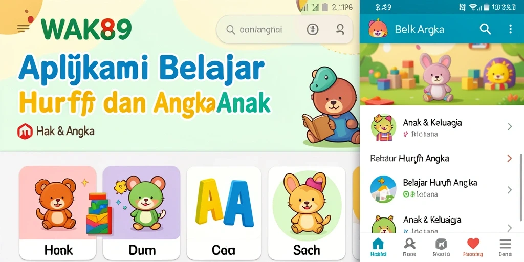 Antarmuka aplikasi WAK89 yang menarik dan mudah digunakan untuk belajar huruf dan angka.